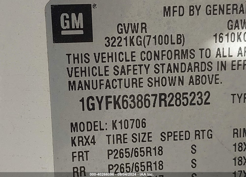 2007 CADILLAC ESCALADE VIN: 1GYFK63867R285232