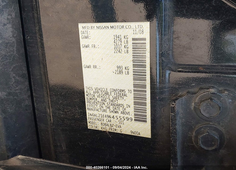 2009 NISSAN ALTIMA 2.5 S VIN: 1N4AL21E49N455599