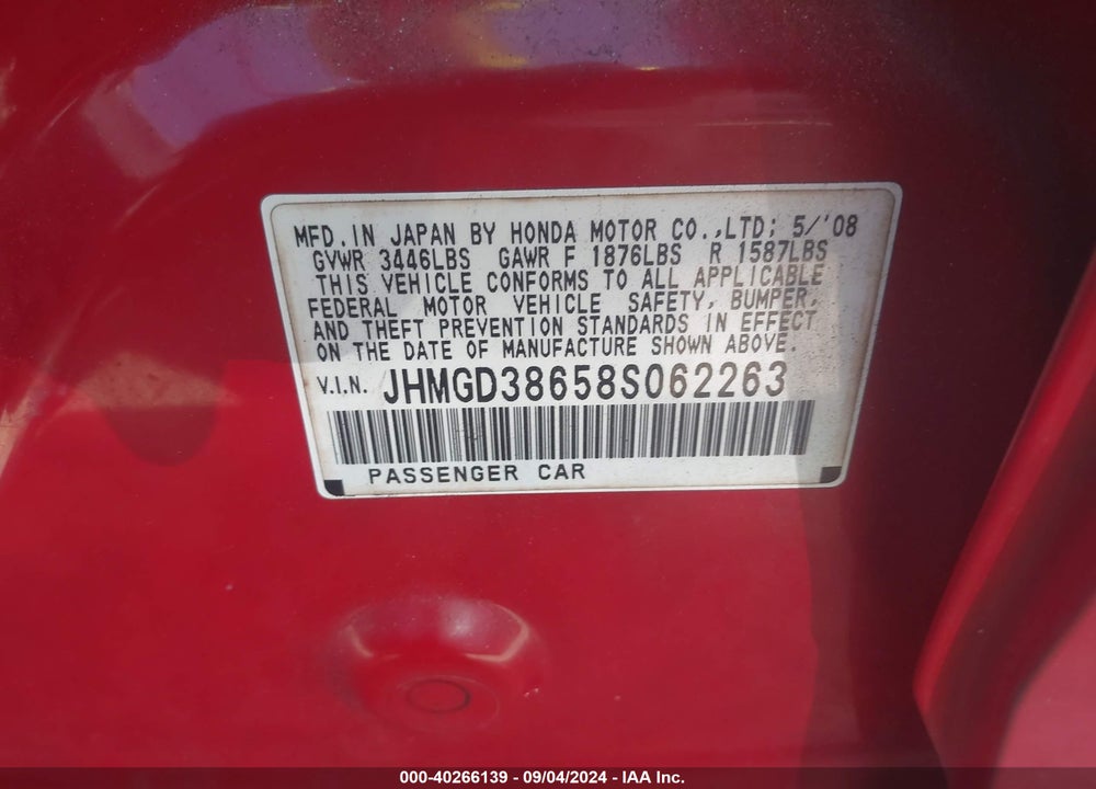 2008 HONDA FIT SPORT VIN: JHMGD38658S062263
