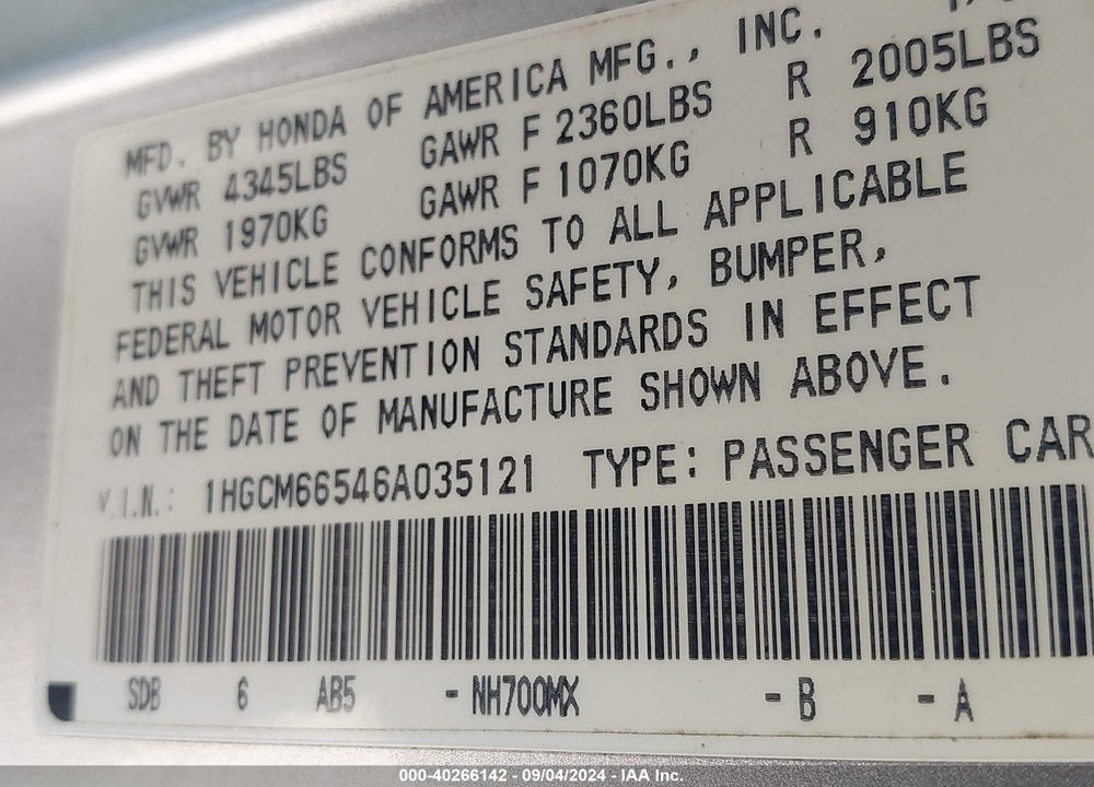 2006 HONDA ACCORD 3.0 EX VIN: 1HGCM66546A035121