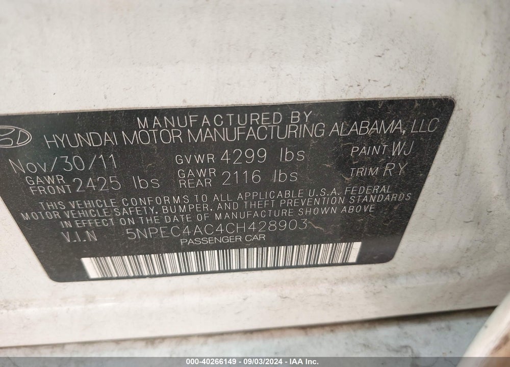 2012 HYUNDAI SONATA VIN: 5NPEC4AC4CH428903