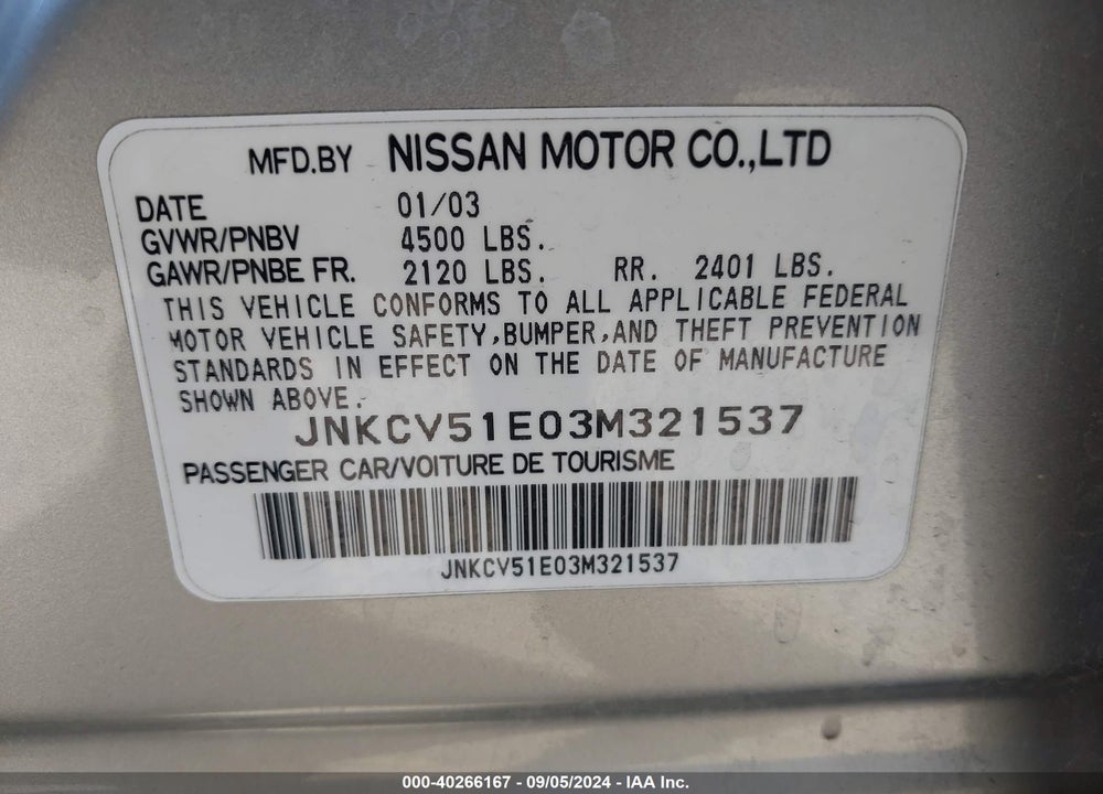 2003 INFINITI G35 BASE W/6 SPEED MANUAL VIN: JNKCV51E03M321537
