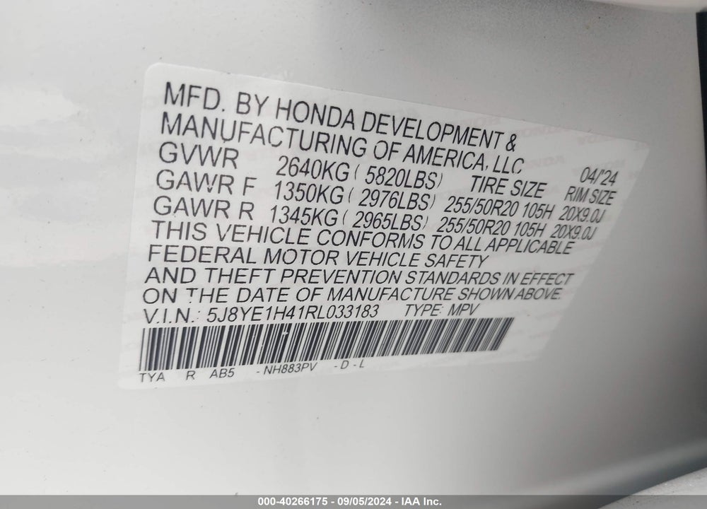 2024 ACURA MDX TECHNOLOGY PACKAGE VIN: 5J8YE1H41RL033183