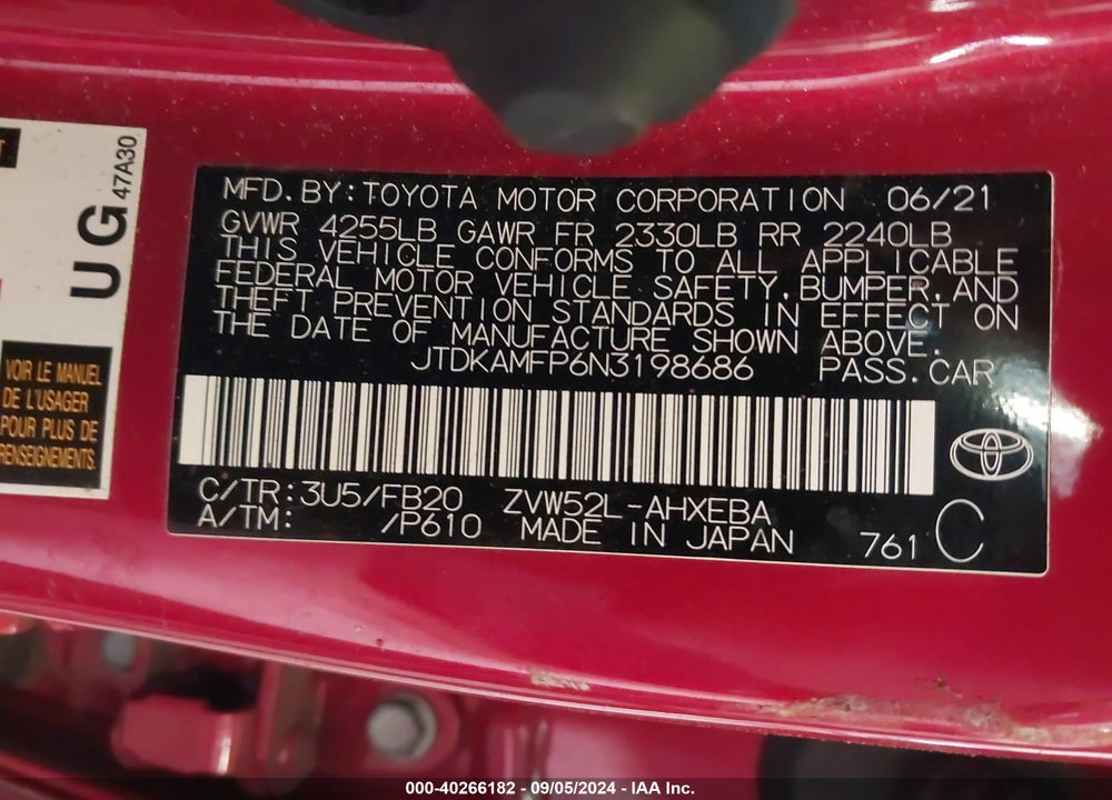 2022 TOYOTA PRIUS PRIME LE VIN: JTDKAMFP6N3198686