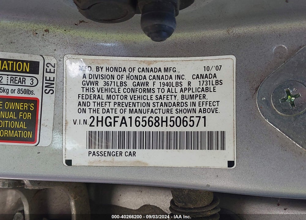 2008 HONDA CIVIC VIN: 2HGFA16568H506571