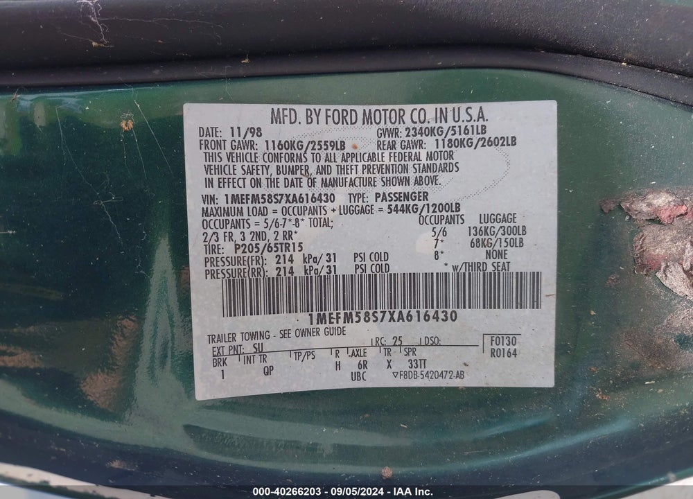 1999 MERCURY SABLE LS VIN: 1MEFM58S7XA616430