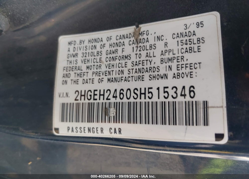 1995 HONDA CIVIC DX VIN: 2HGEH2460SH515346
