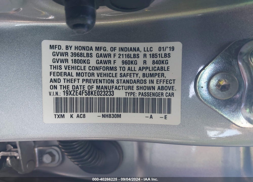 2019 HONDA INSIGHT EX VIN: 19XZE4F58KE023233
