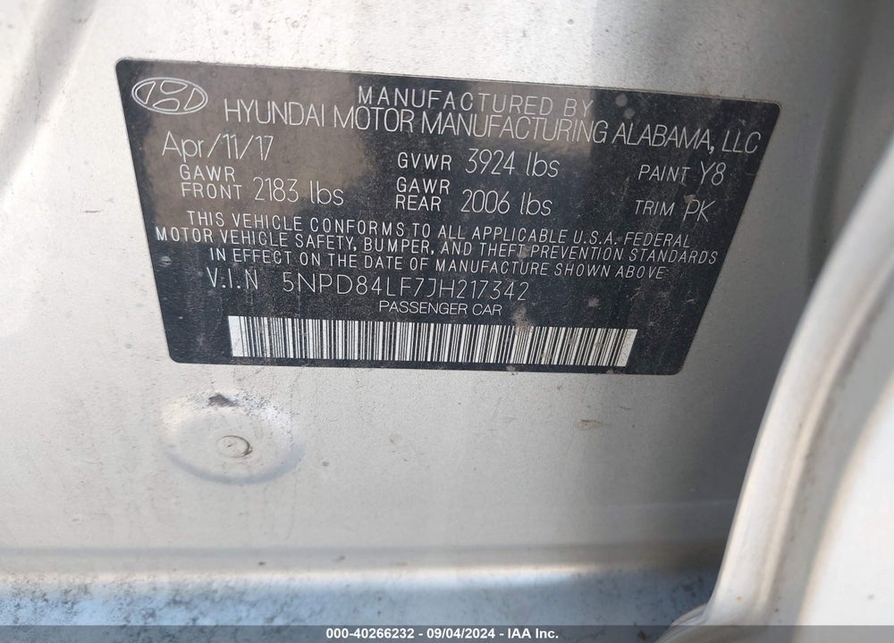 2018 HYUNDAI ELANTRA SEL VIN: 5NPD84LF7JH217342