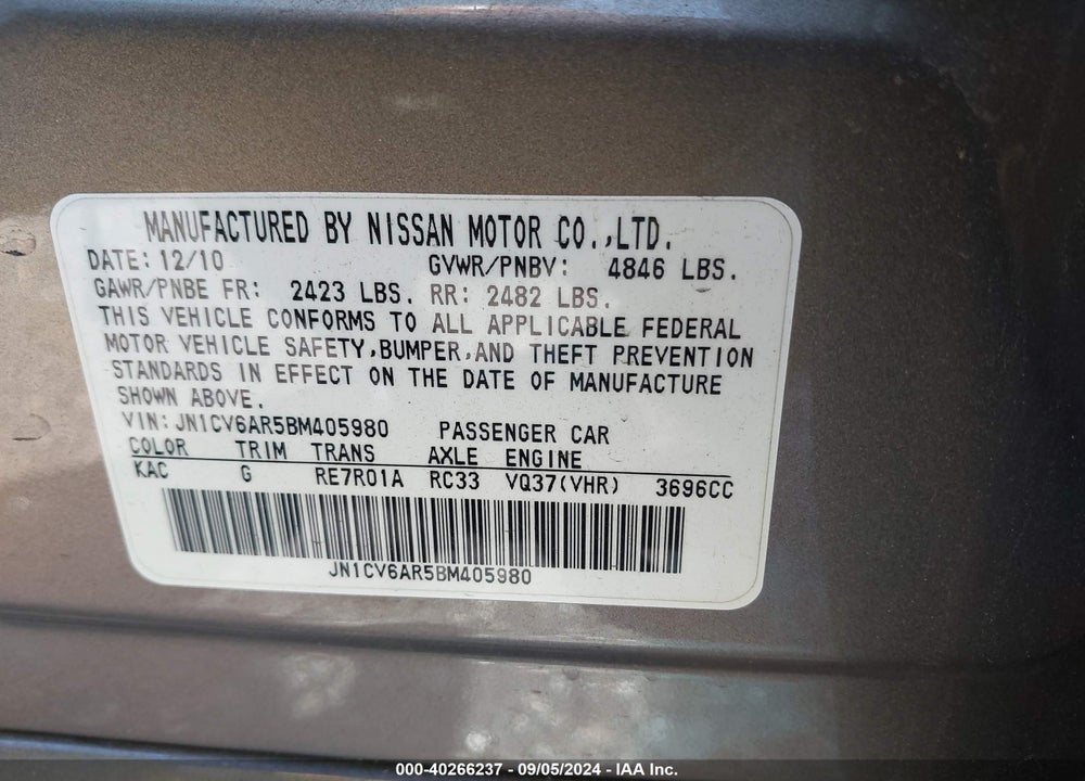 2011 INFINITI G37X VIN: JN1CV6AR5BM405980