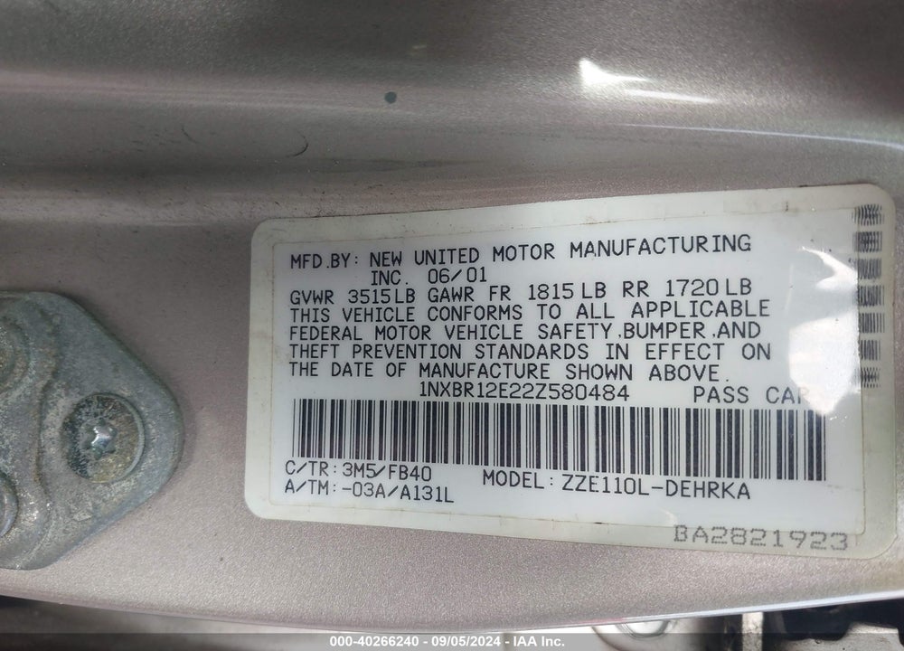 2002 TOYOTA COROLLA CE VIN: 1NXBR12E22Z580484