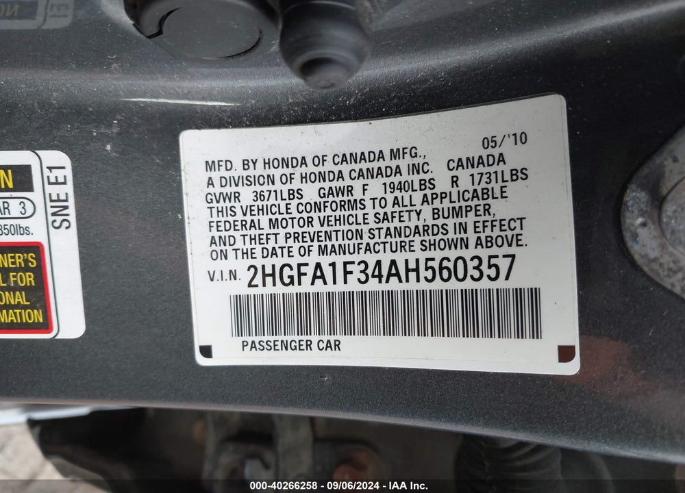 2010 HONDA CIVIC VP VIN: 2HGFA1F34AH560357