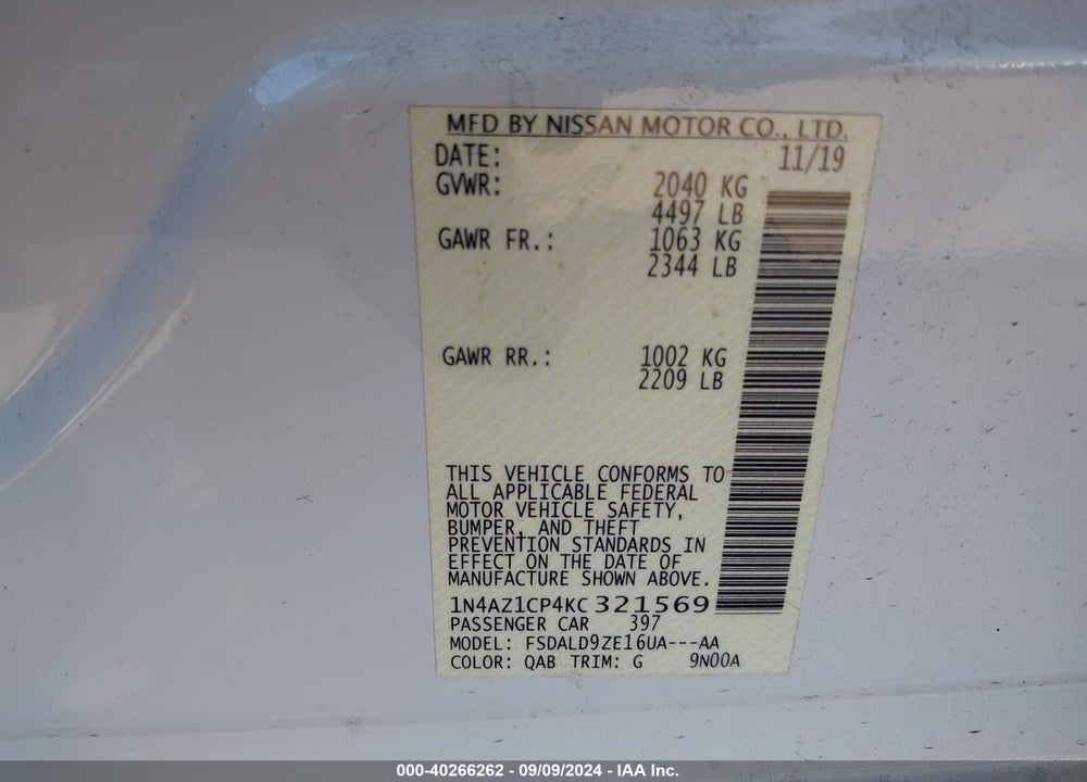 2019 NISSAN LEAF SV VIN: 1N4AZ1CP4KC321569