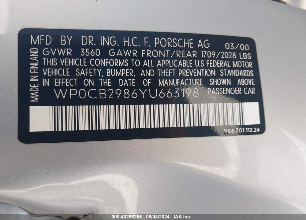 2000 PORSCHE BOXSTER S VIN: WP0CB2986YU663198