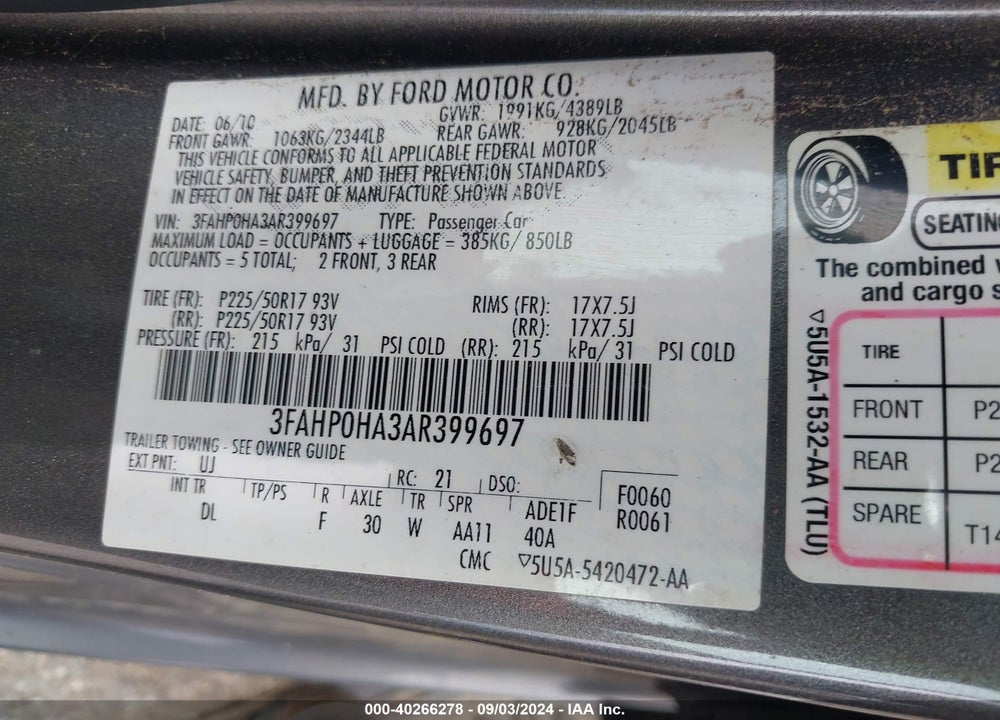 2010 FORD FUSION VIN: 3FAHP0HA3AR399697