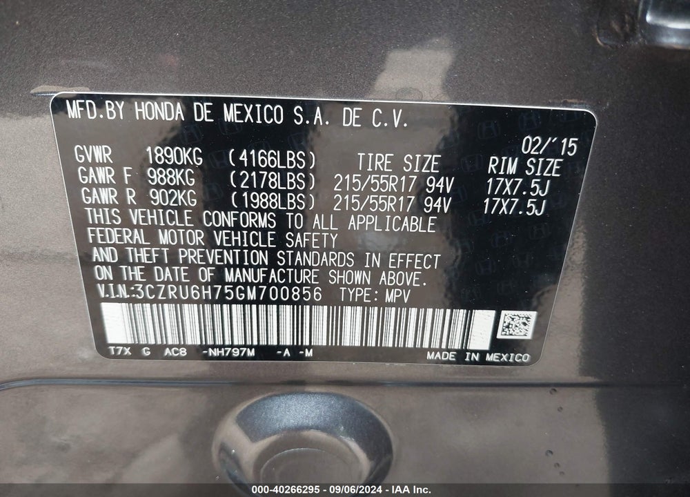 2016 HONDA HR-V EX-L VIN: 3CZRU6H75GM700856