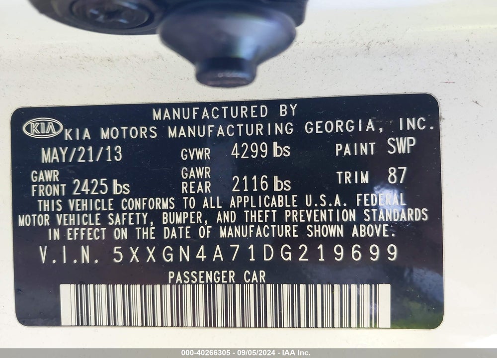 2013 KIA OPTIMA EX VIN: 5XXGN4A71DG219699