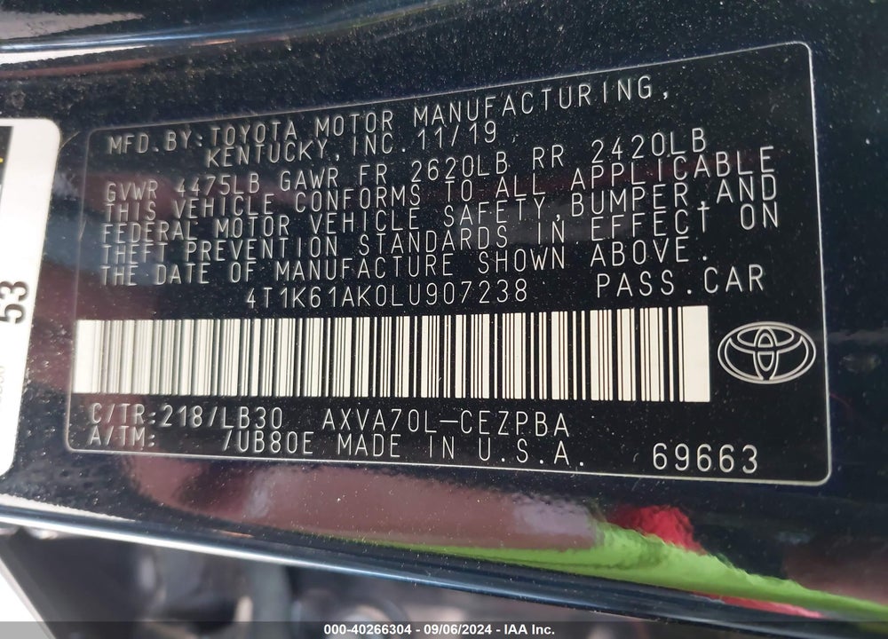 2020 TOYOTA CAMRY XSE VIN: 4T1K61AK0LU907238