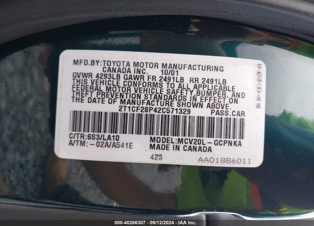 2002 TOYOTA CAMRY SOLARA SLE V6 VIN: 2T1CF28P42C571329