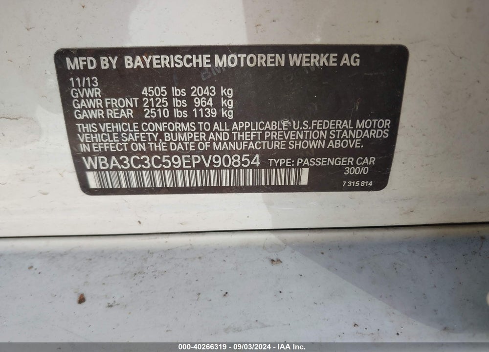 2014 BMW 320I XDRIVE VIN: WBA3C3C59EPV90854