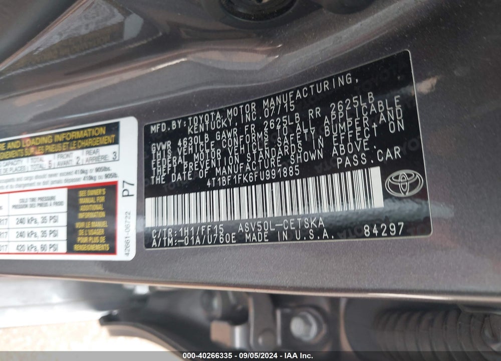 2015 TOYOTA CAMRY VIN: 4T1BF1FK6FU991885