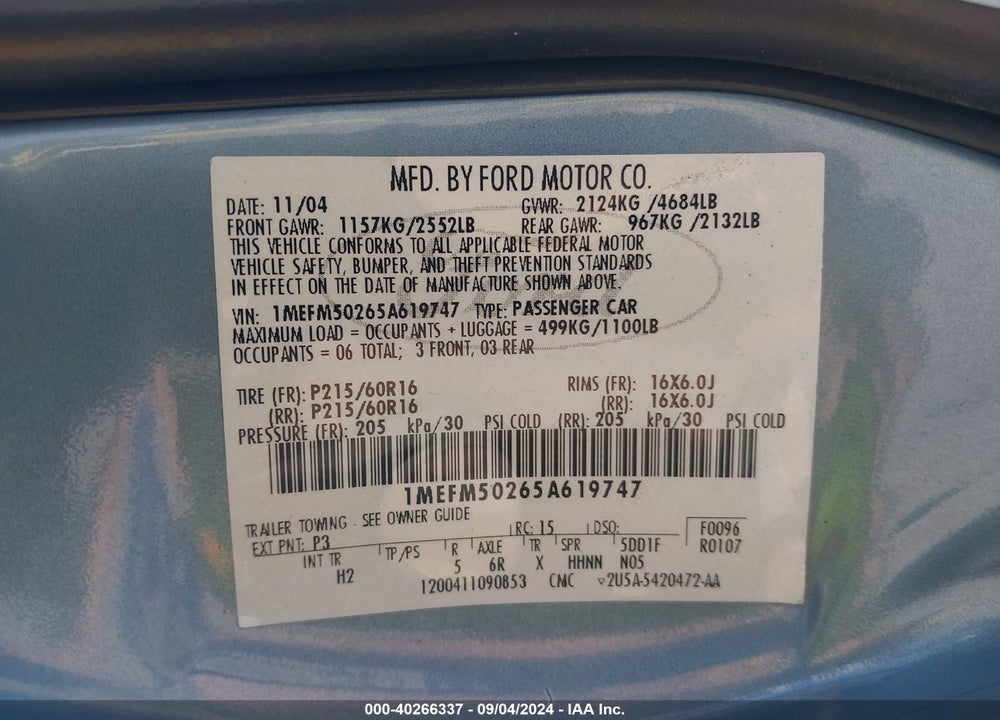 2005 MERCURY SABLE GS VIN: 1MEFM50265A619747