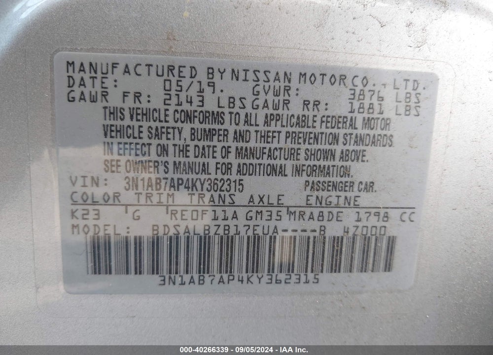 2019 NISSAN SENTRA VIN: 3N1AB7AP4KY362315