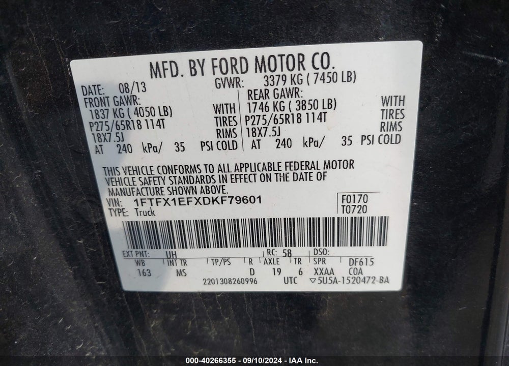 2013 FORD F-150 XLT VIN: 1FTFX1EFXDKF79601