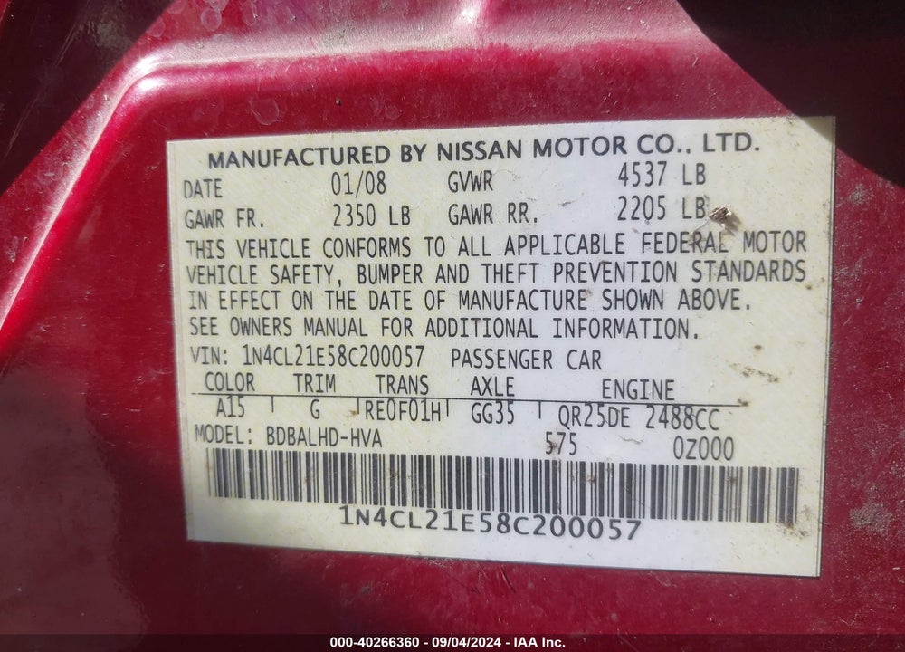 2008 NISSAN ALTIMA HYBRID VIN: 1N4CL21E58C200057