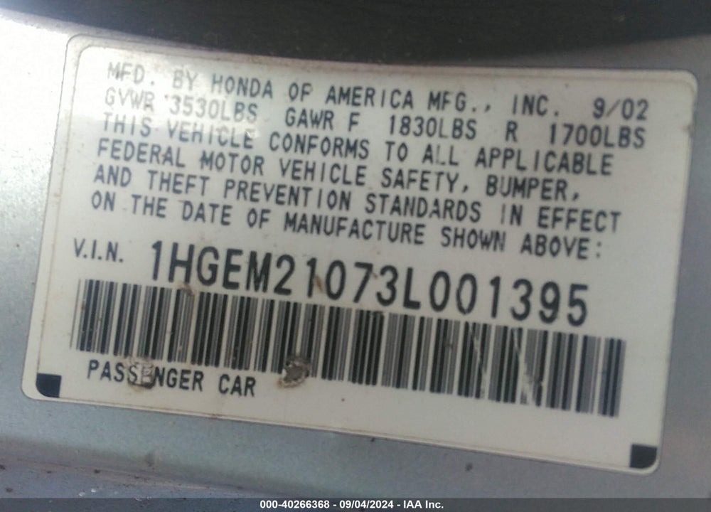 2003 HONDA CIVIC EX VIN: 1HGEM21073L001395