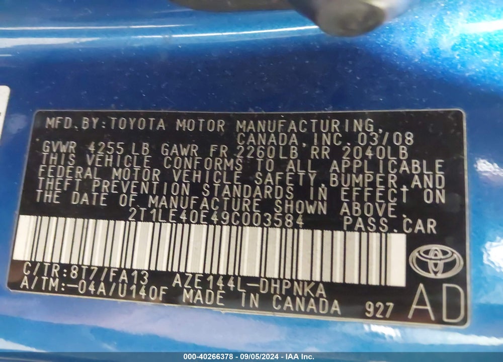 2009 TOYOTA MATRIX S VIN: 2T1LE40E49C003584