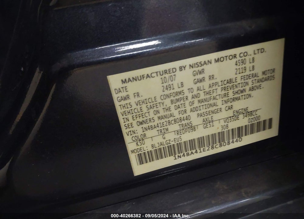 2008 NISSAN MAXIMA 3.5 SL VIN: 1N4BA41E28C808440