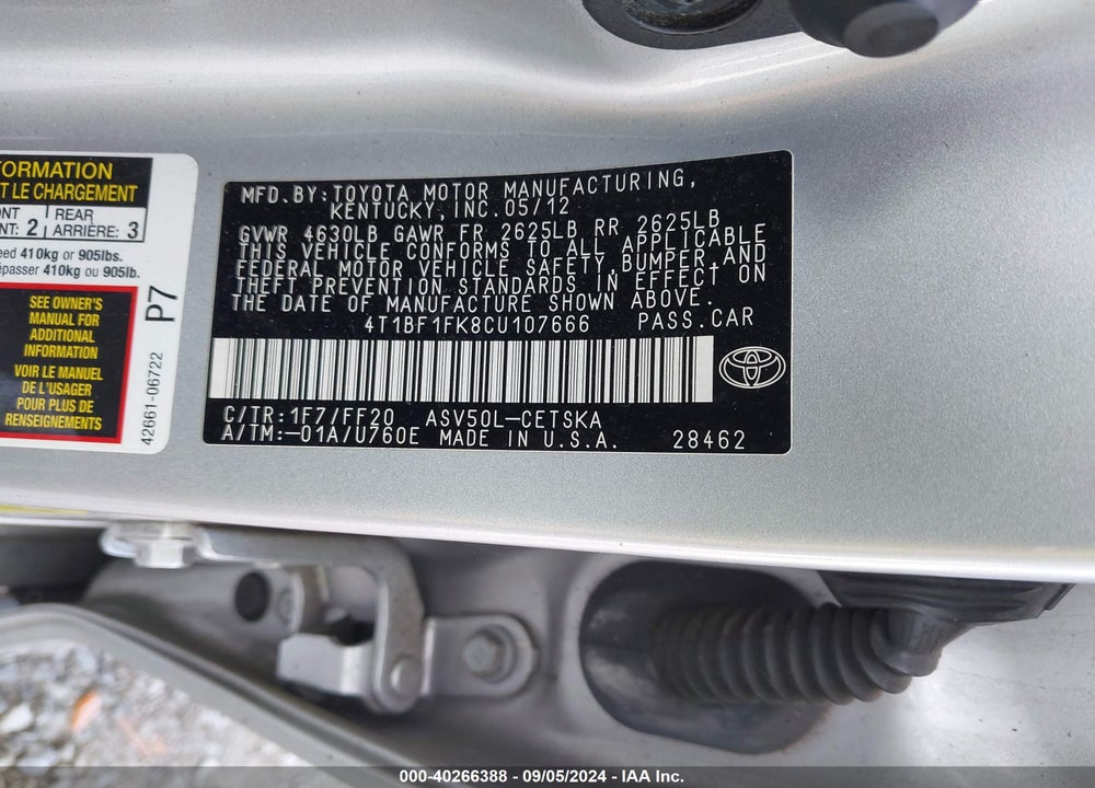 2012 TOYOTA CAMRY SE VIN: 4T1BF1FK8CU107666