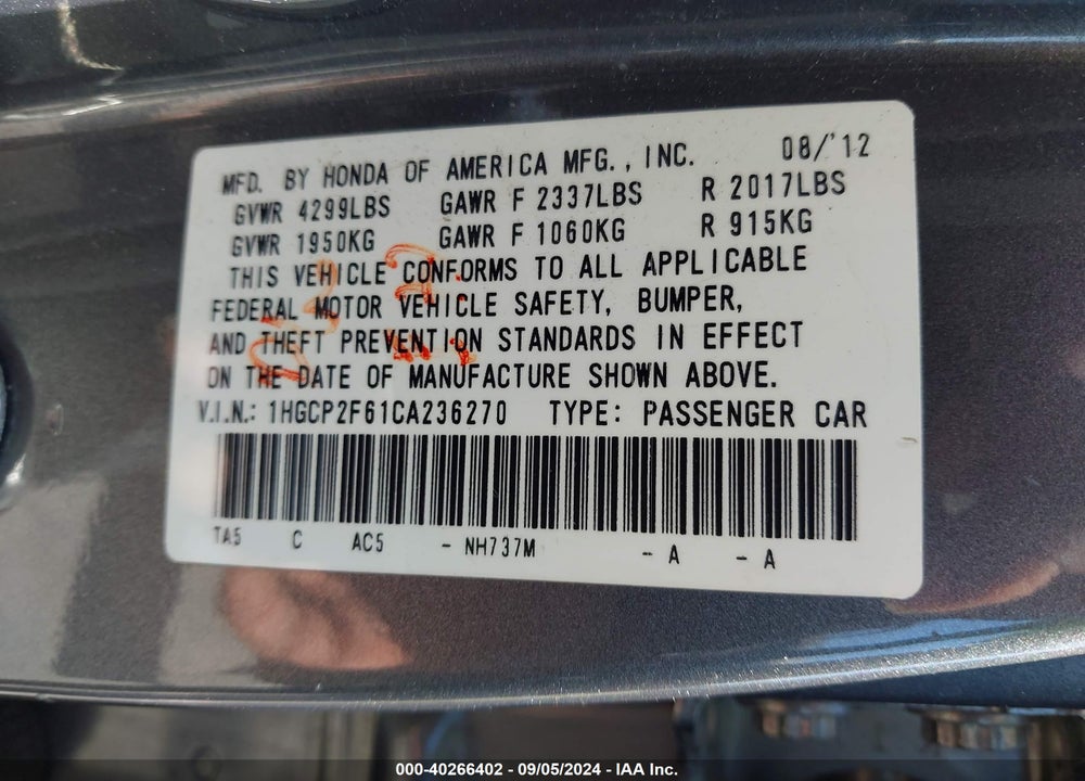 2012 HONDA ACCORD 2.4 SE VIN: 1HGCP2F61CA236270