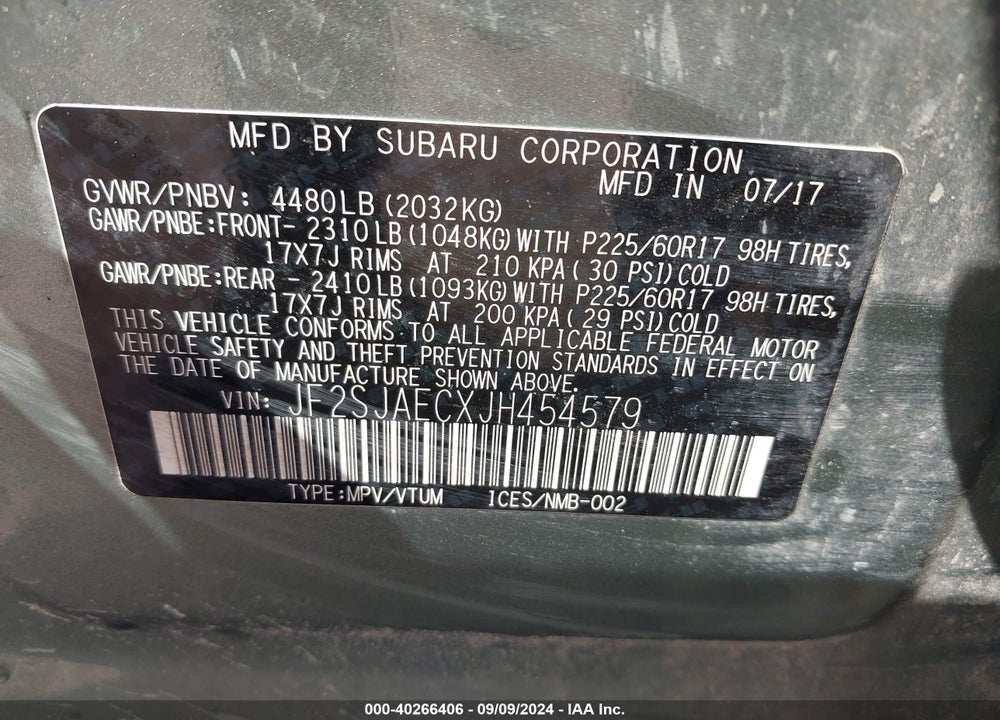 2018 SUBARU FORESTER 2.5I PREMIUM VIN: JF2SJAECXJH454579