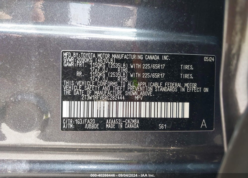 2024 TOYOTA RAV4 XLE VIN: 2T3W1RFV6RC282444