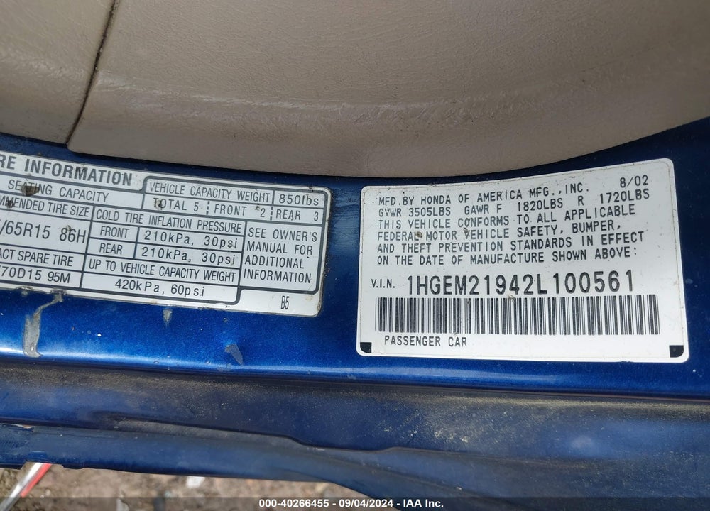 2002 HONDA CIVIC EX VIN: 1HGEM21942L100561