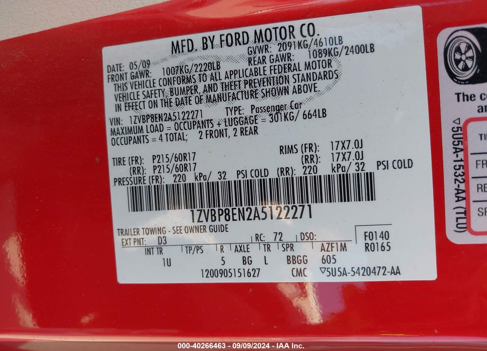 2010 FORD MUSTANG V6/V6 PREMIUM VIN: 1ZVBP8EN2A5122271
