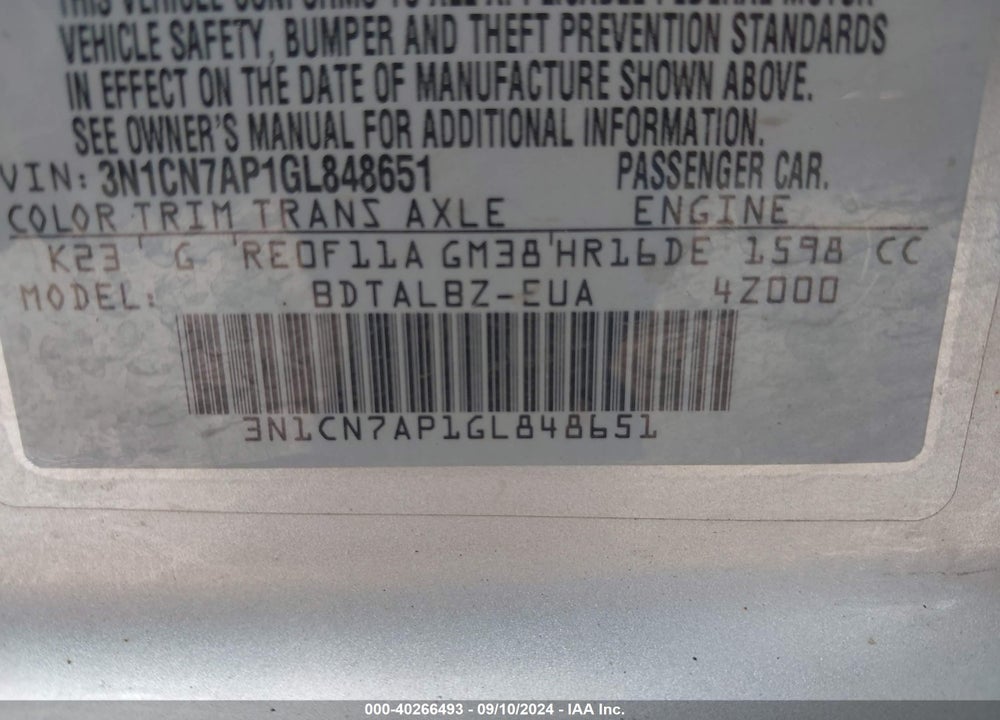 2016 NISSAN VERSA 1.6 SV VIN: 3N1CN7AP1GL848651