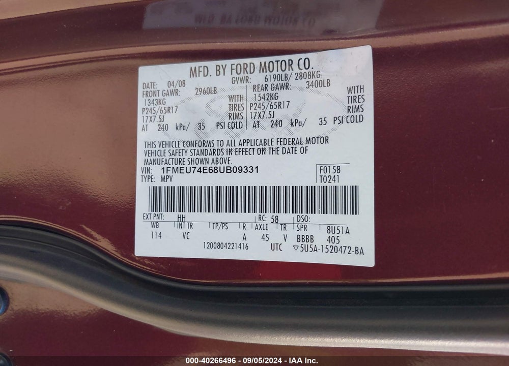 2008 FORD EXPLORER EDDIE BAUER VIN: 1FMEU74E68UB09331
