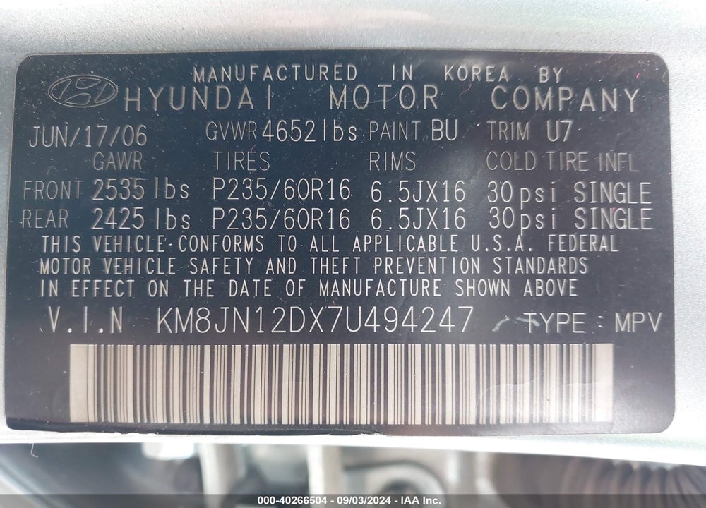 2007 HYUNDAI TUCSON LIMITED/SE VIN: KM8JN12DX7U494247