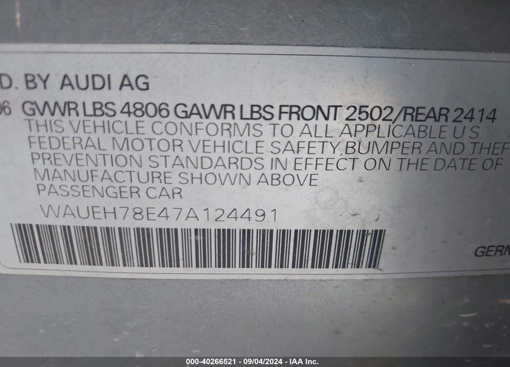 2007 AUDI A4 VIN: WAUEH78E47A124491