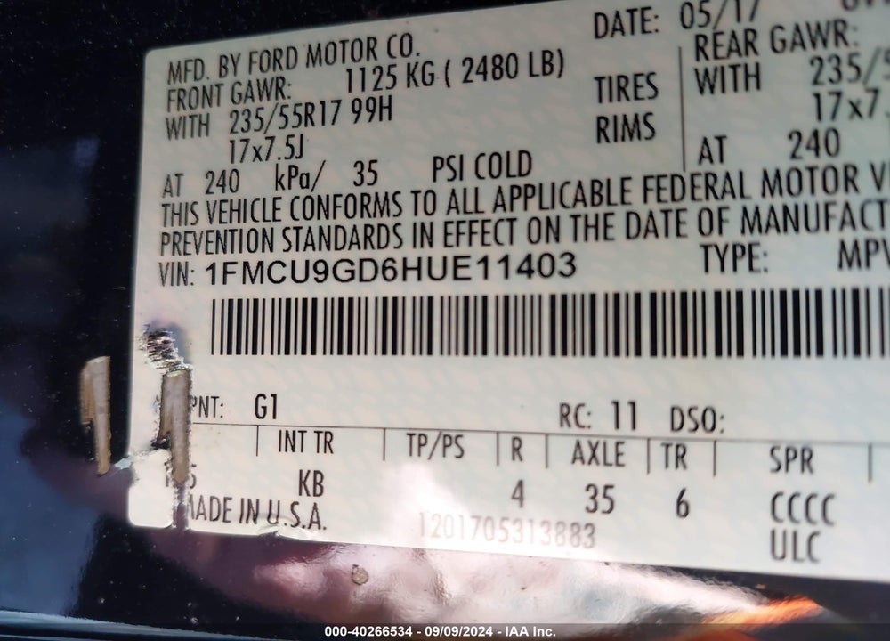 2017 FORD ESCAPE SE VIN: 1FMCU9GD6HUE11403