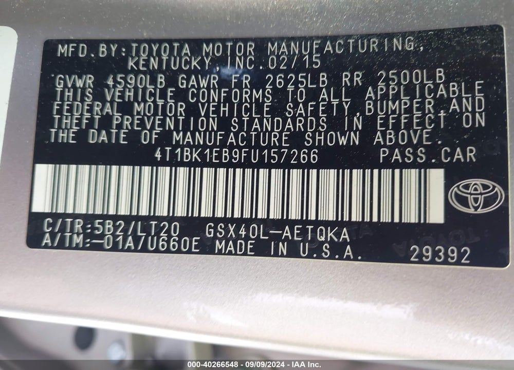 2015 TOYOTA AVALON XLE TOURING VIN: 4T1BK1EB9FU157266