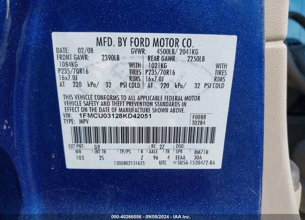 2008 FORD ESCAPE XLT VIN: 1FMCU03128KD42051