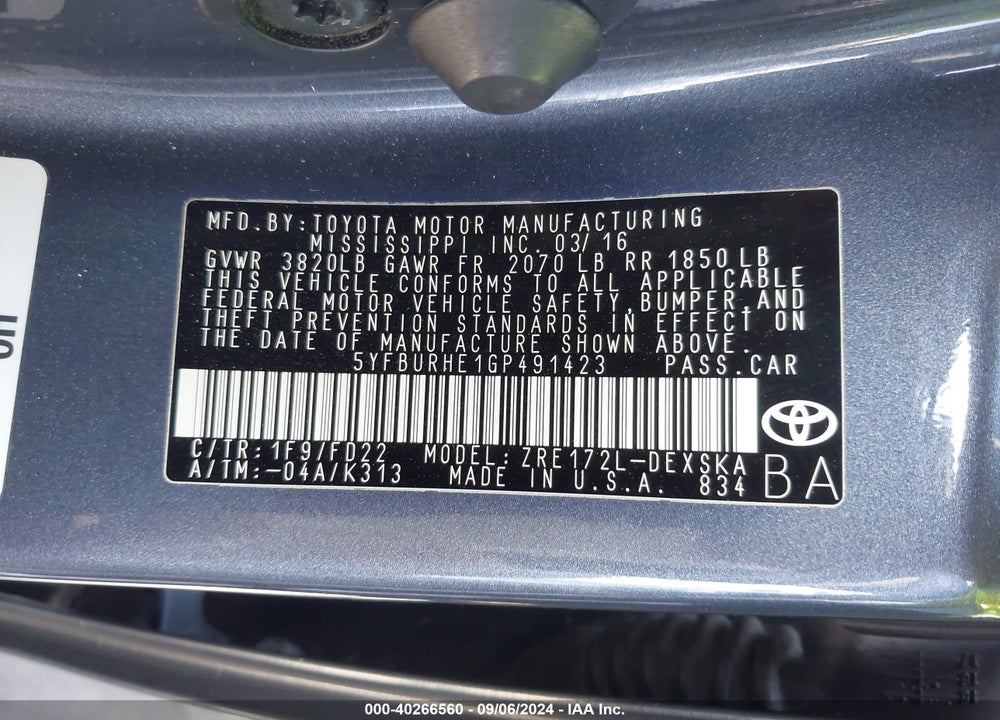2016 TOYOTA COROLLA S PLUS VIN: 5YFBURHE1GP491423