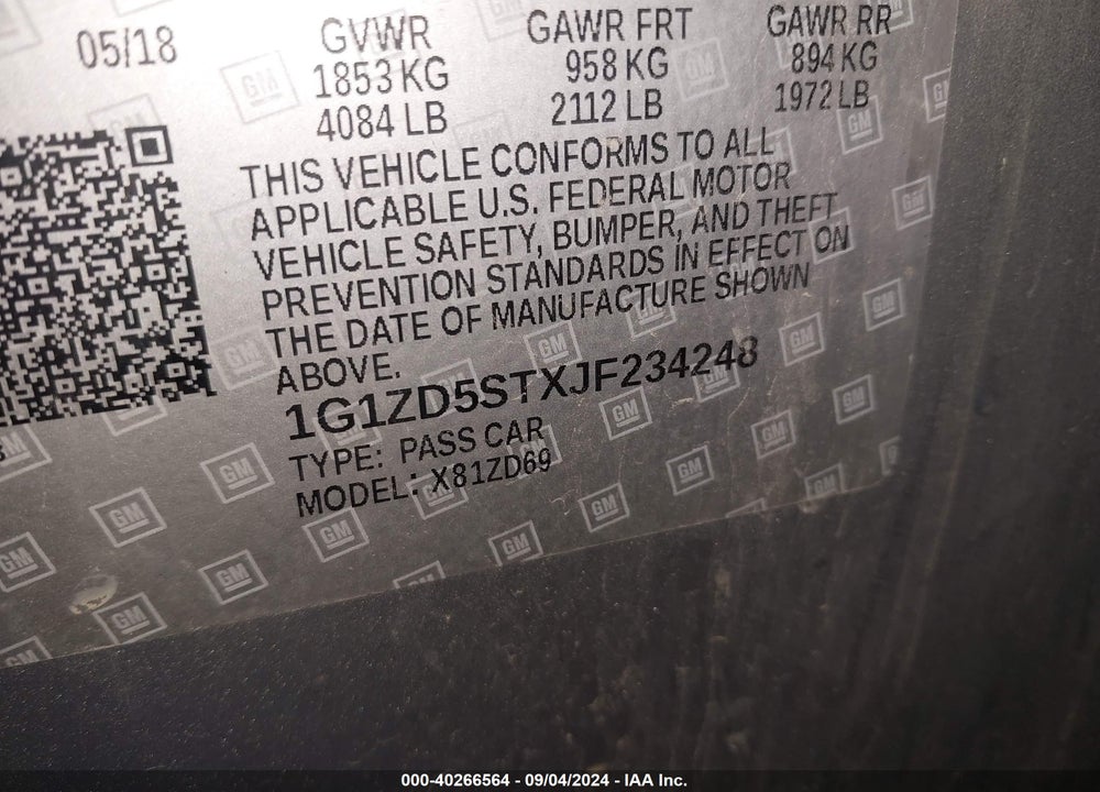 2018 CHEVROLET MALIBU LT VIN: 1G1ZD5STXJF234248