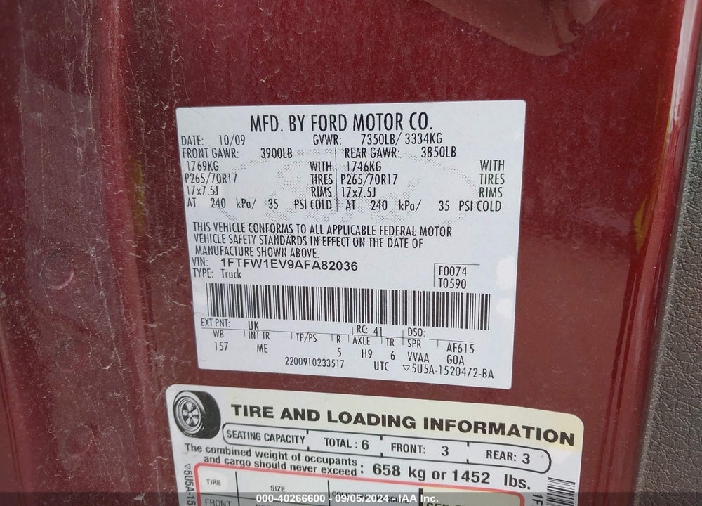 2010 FORD F-150 FX4/HARLEY-DAVIDSON/KING RANCH/LARIAT/PLATINUM/XL/XLT VIN: 1FTFW1EV9AFA82036