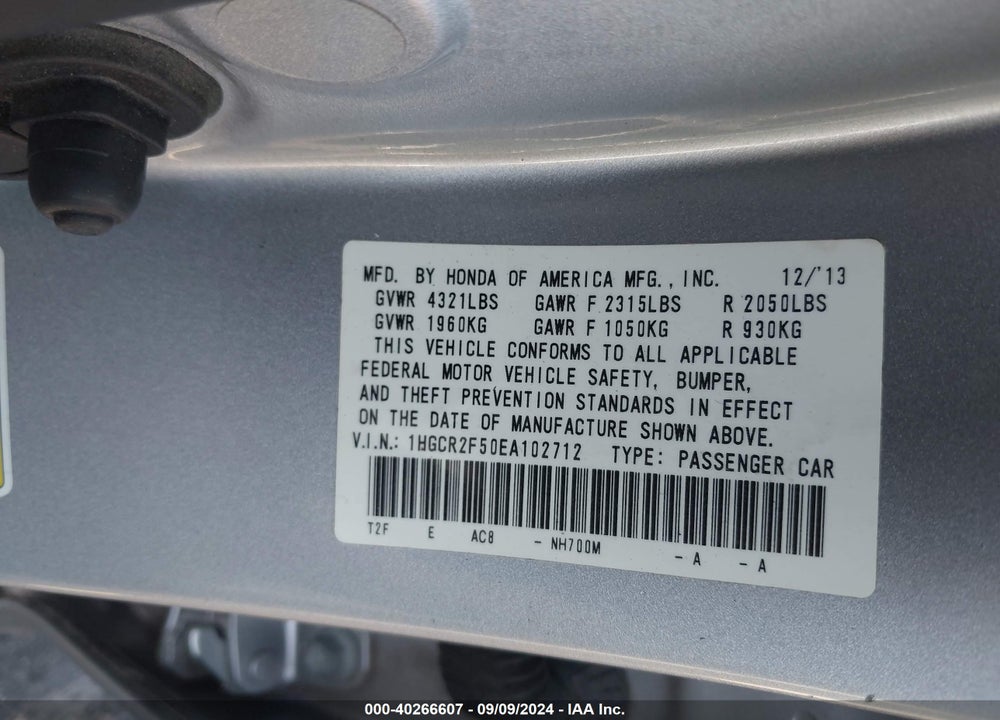 2014 HONDA ACCORD SPORT VIN: 1HGCR2F50EA102712