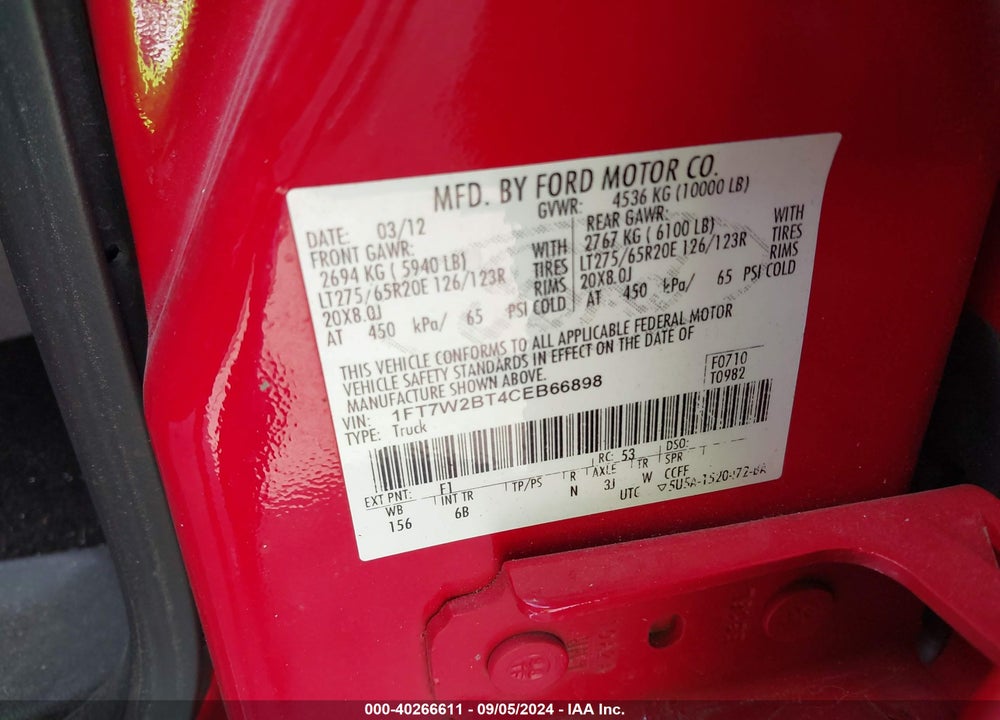 2012 FORD F-250 VIN: 1FT7W2BT4CEB66898